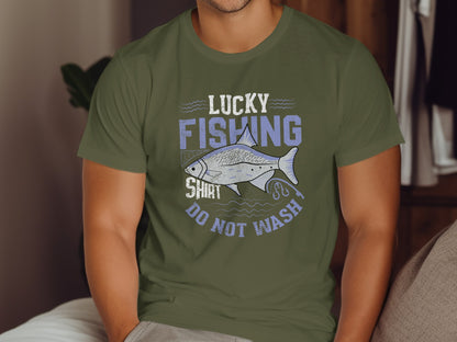 Green t-shirt with "Lucky Fishing Shirt Do Not Wash" text and fish graphic.