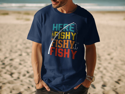 Navy t-shirt with "HERE FISHY FISHY" text and fishing hook graphic.