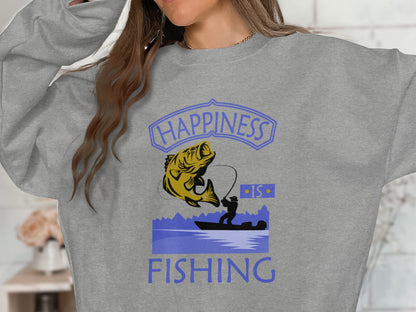 Gray sweatshirt with "Happiness is Fishing" text and a bass fishing graphic.