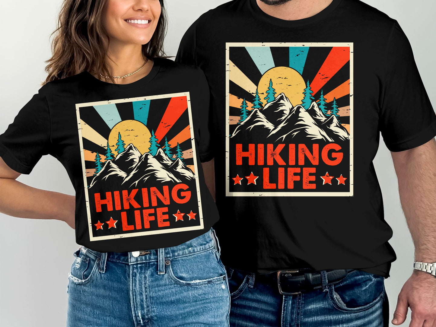 Black t-shirts with "Hiking Life" mountain graphic, vintage sunset design.