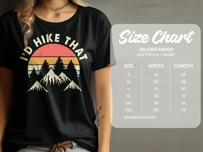 T-shirt with "I'd Hike That" design and size chart.