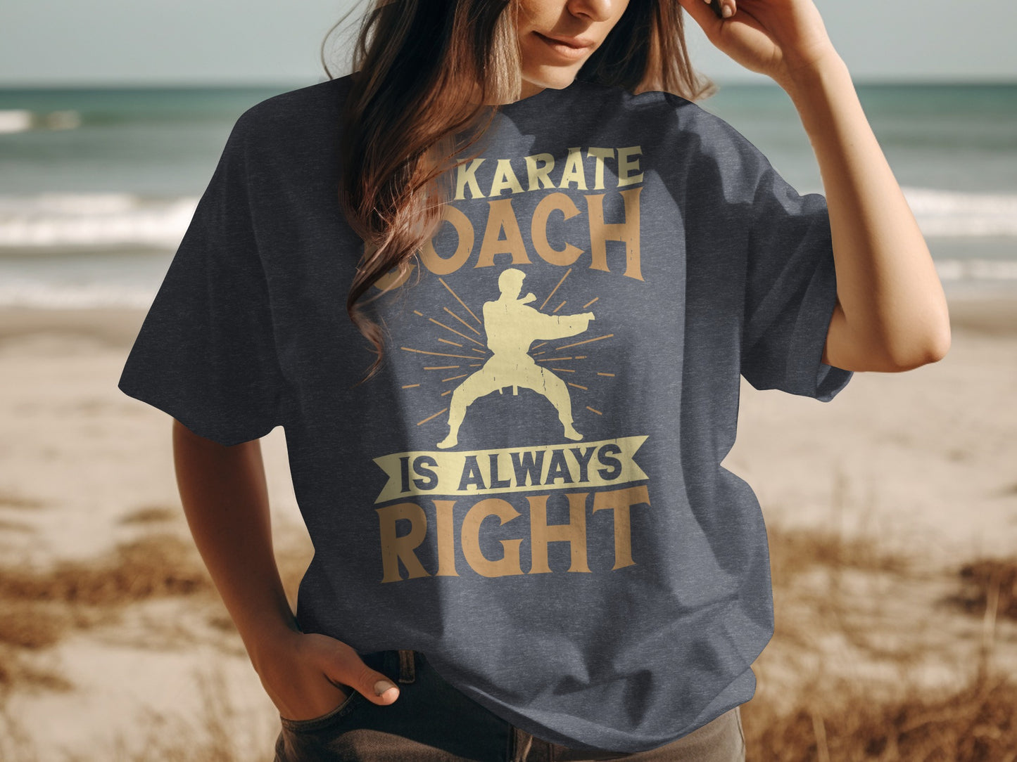 Dark t-shirt with text "Karate Coach is Always Right" and a martial artist graphic.