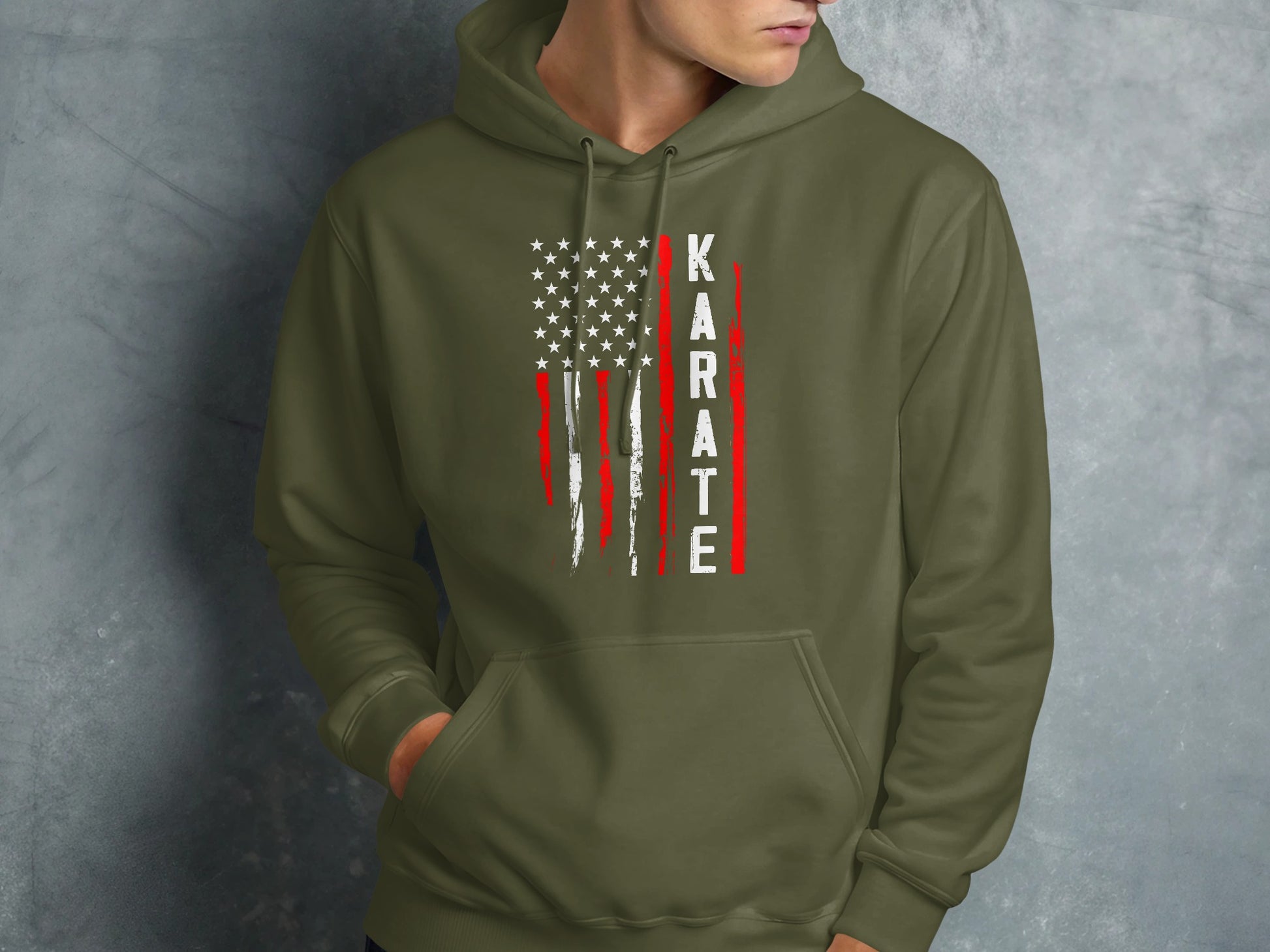 Olive hoodie with distressed American flag and "KARATE" text.