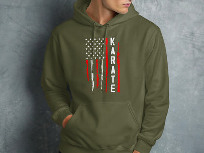 Olive hoodie with distressed American flag and "KARATE" text.