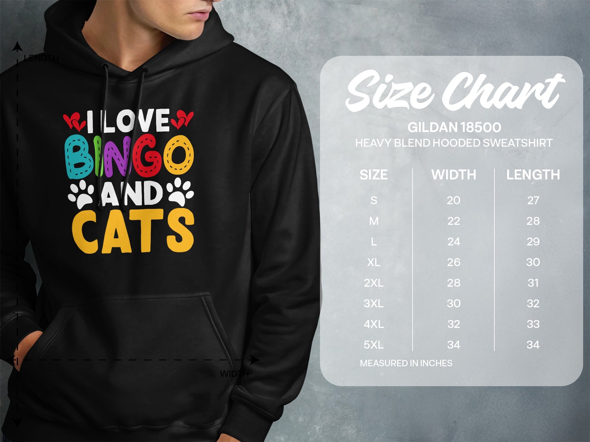 Hooded sweatshirt with "I LOVE BINGO AND CATS" design and size chart.