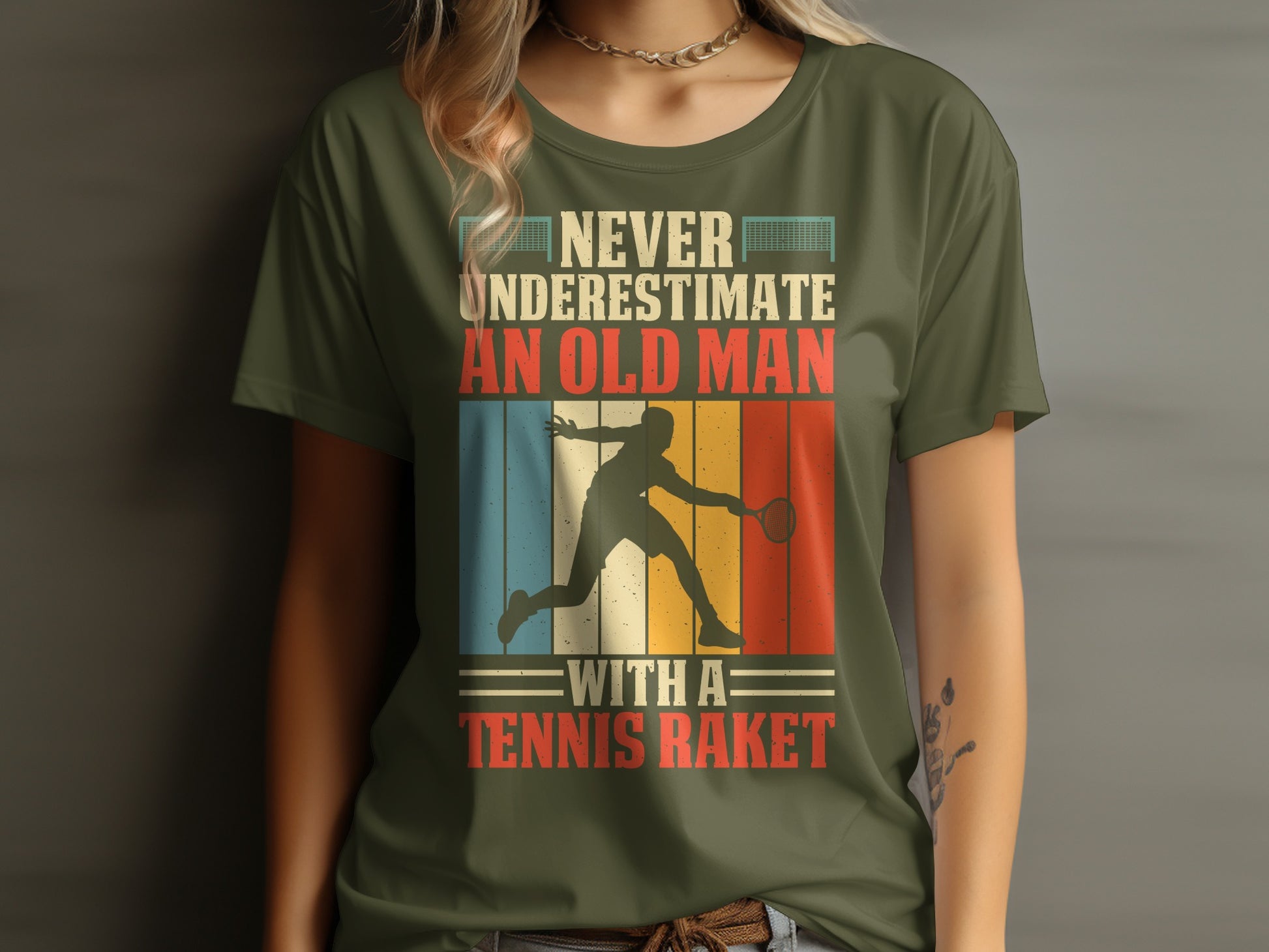 Old man silhouette playing tennis, text "Never Underestimate An Old Man With A Tennis Racket".