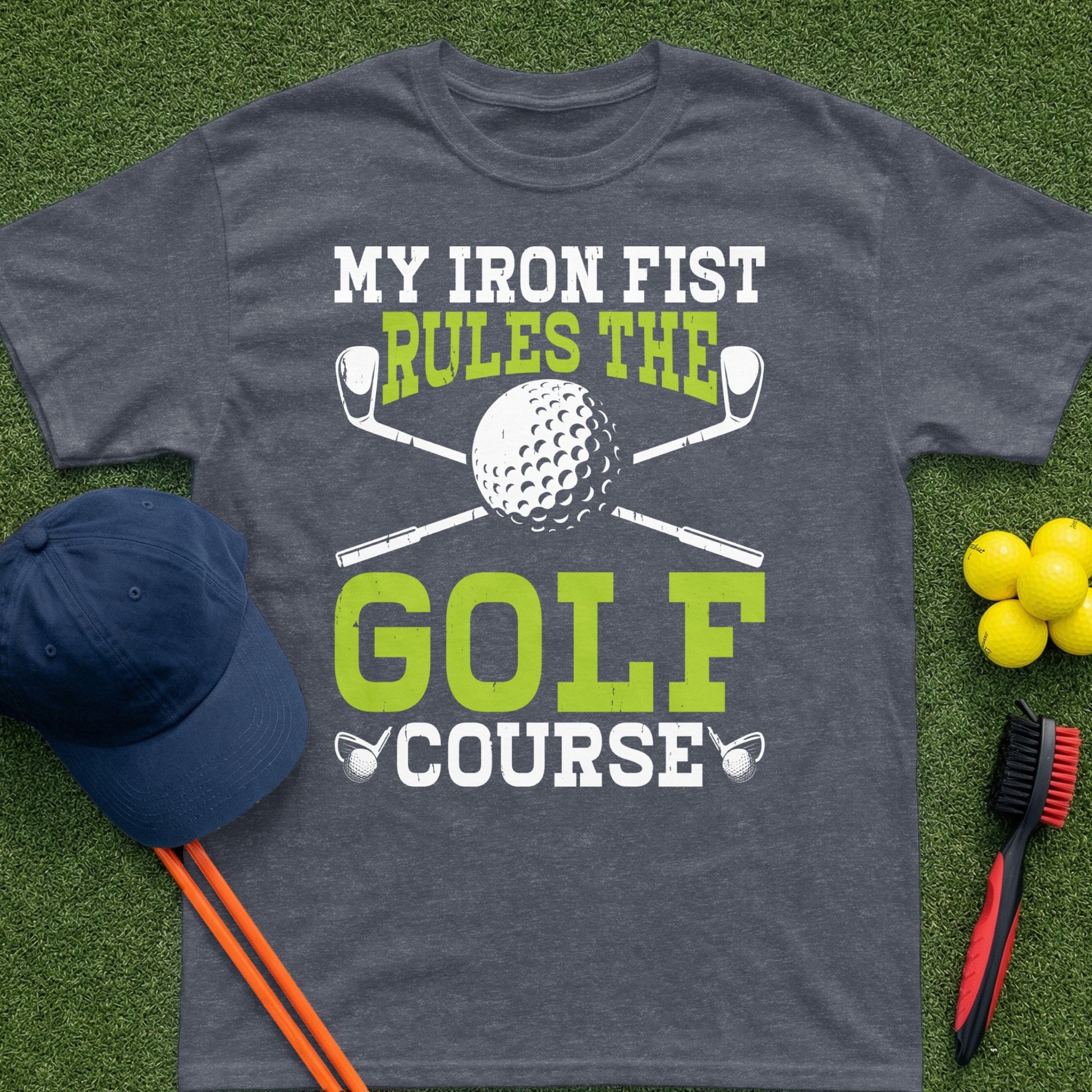 Dark grey t-shirt with "MY IRON FIST RULES THE GOLF COURSE" text and golf imagery.