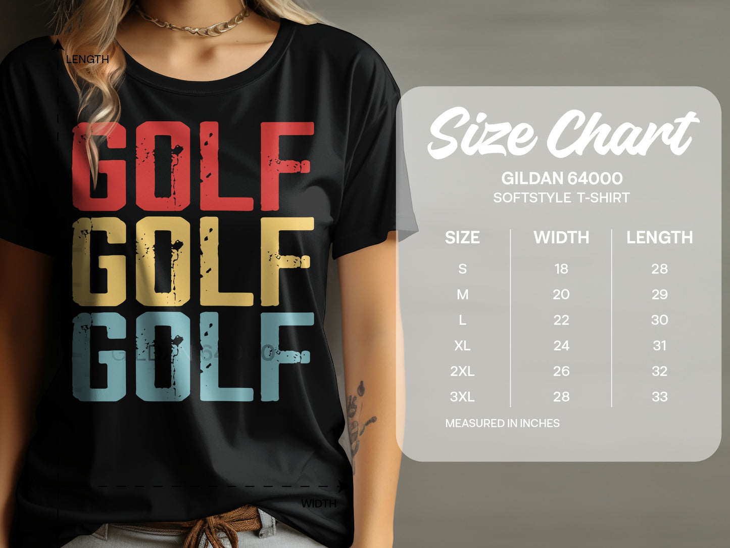 T-shirt with "GOLF GOLF GOLF" graphic and size chart.