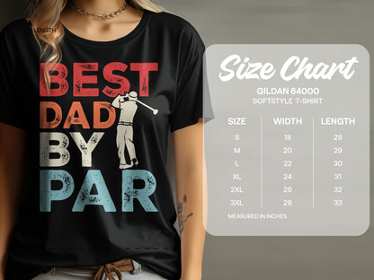Black t-shirt with "Best Dad by Par" graphic and a size chart.