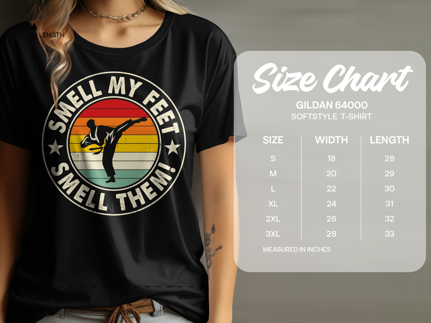 Black t-shirt with martial artist graphic and "Smell My Feet Smell Them!" slogan.