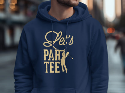 Navy hoodie with "Let's Party Tee" and golfer graphic.