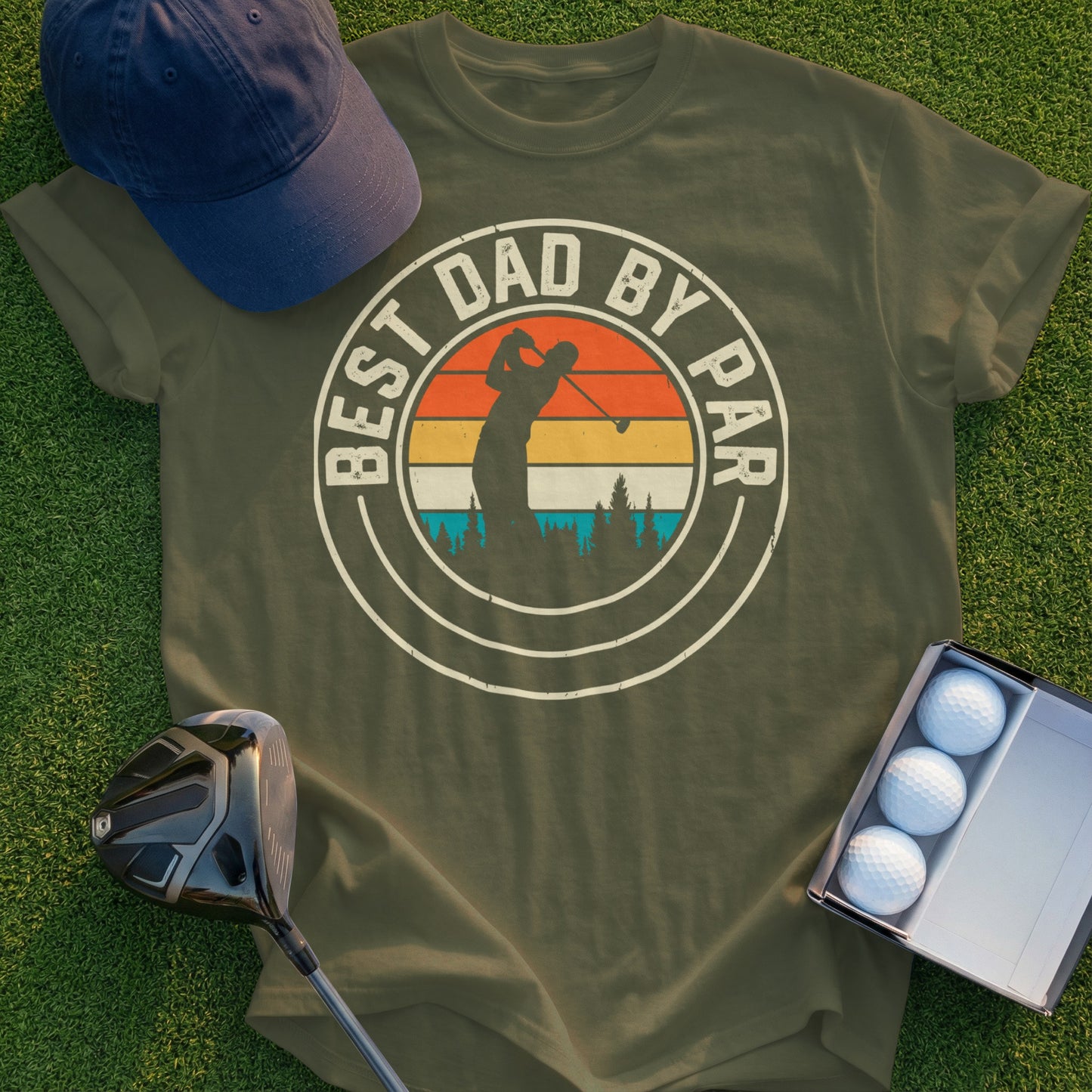 Olive green t-shirt with "Best Dad by Par" and a golfer silhouette.