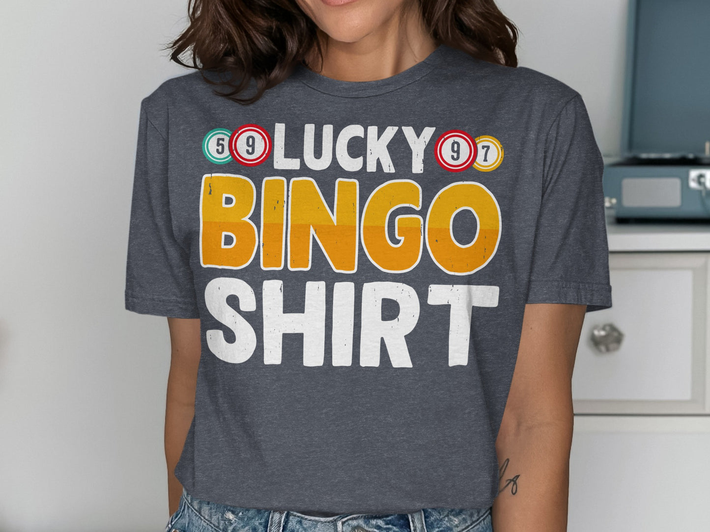 Dark grey t-shirt with "LUCKY BINGO SHIRT" in colorful lettering.