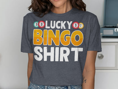 Dark grey t-shirt with "LUCKY BINGO SHIRT" in colorful lettering.