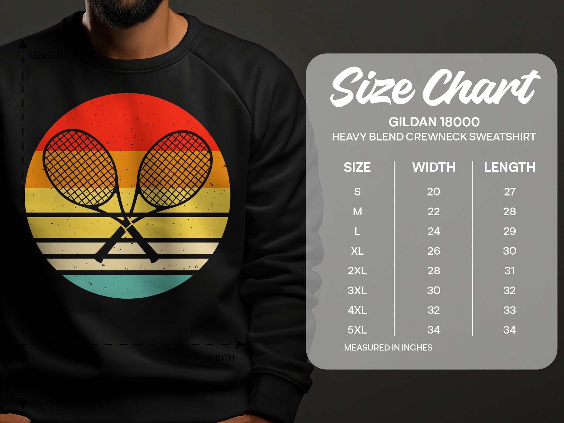 Size chart for Gildan 18000 Heavy Blend Crewneck Sweatshirt.