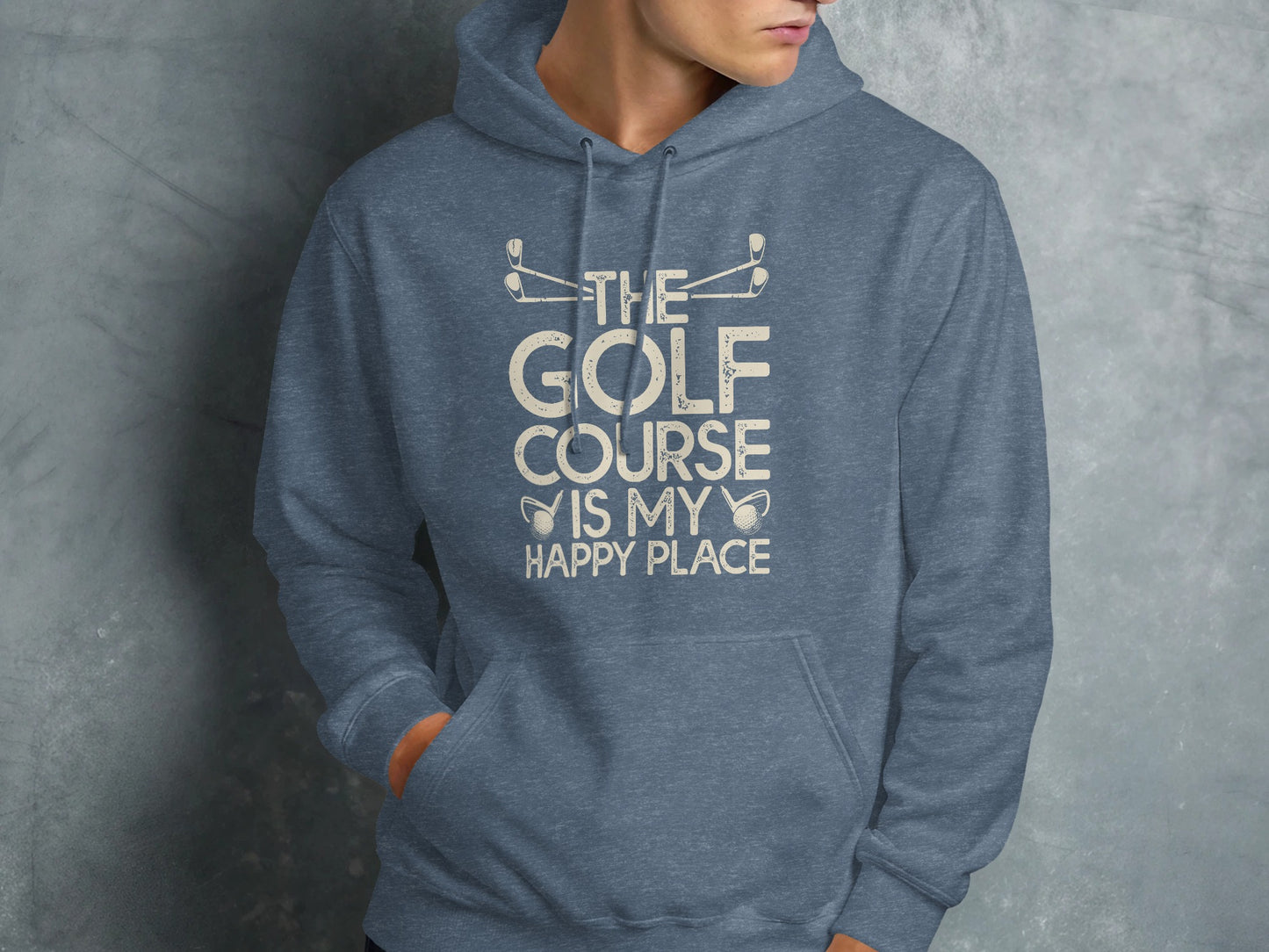 Blue hoodie with "The Golf Course is My Happy Place" text and golf club graphic.