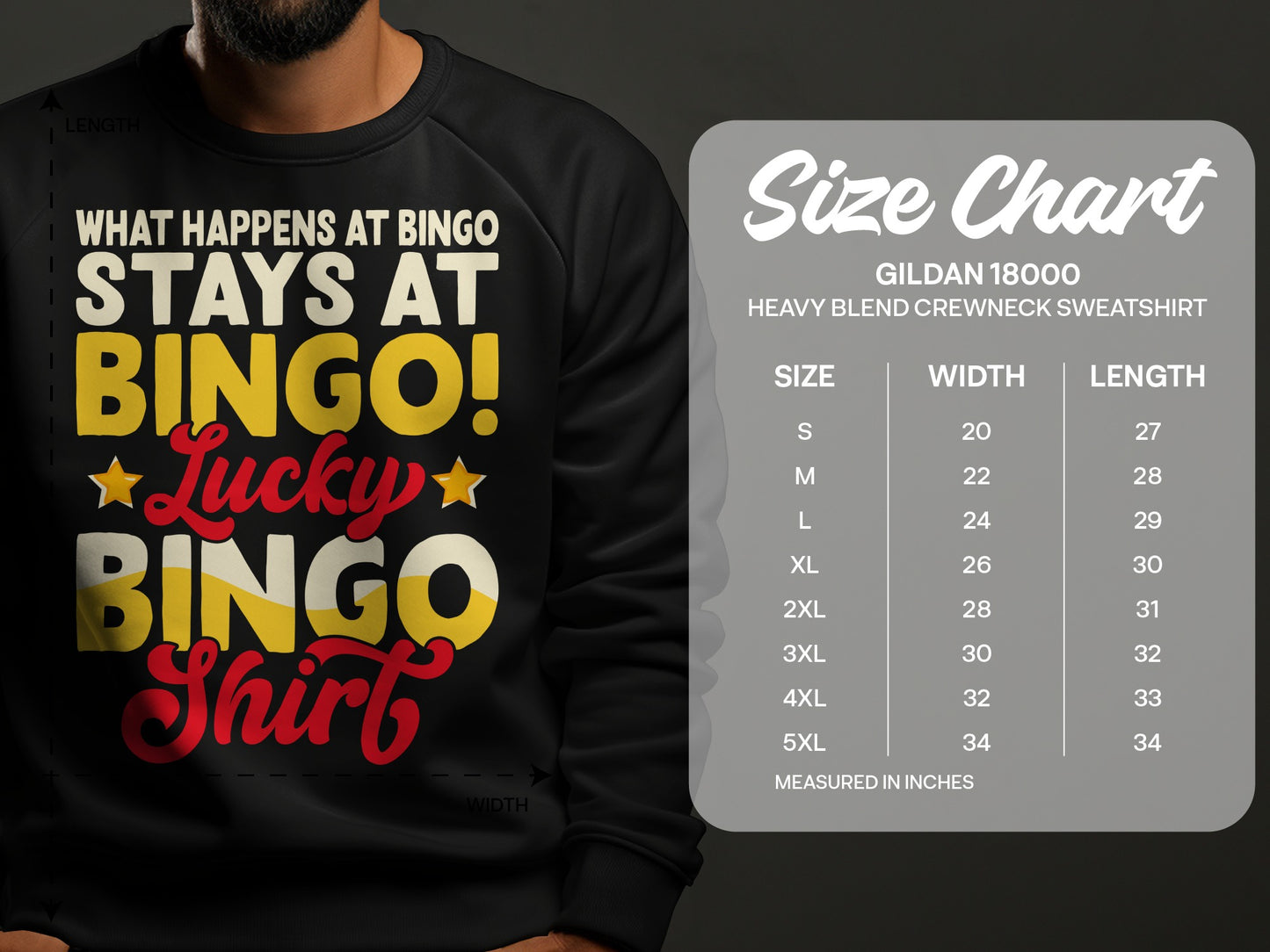 Black sweatshirt with "What Happens At Bingo Stays At Bingo!" and size chart.
