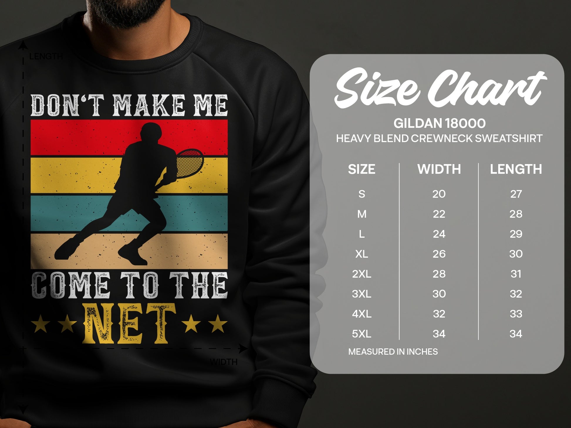 Tennis player silhouette on vintage striped sweatshirt and size chart.