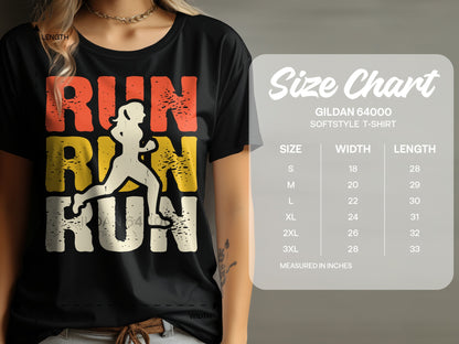 T-shirt with "RUN RUN RUN" text and running silhouette, next to size chart.