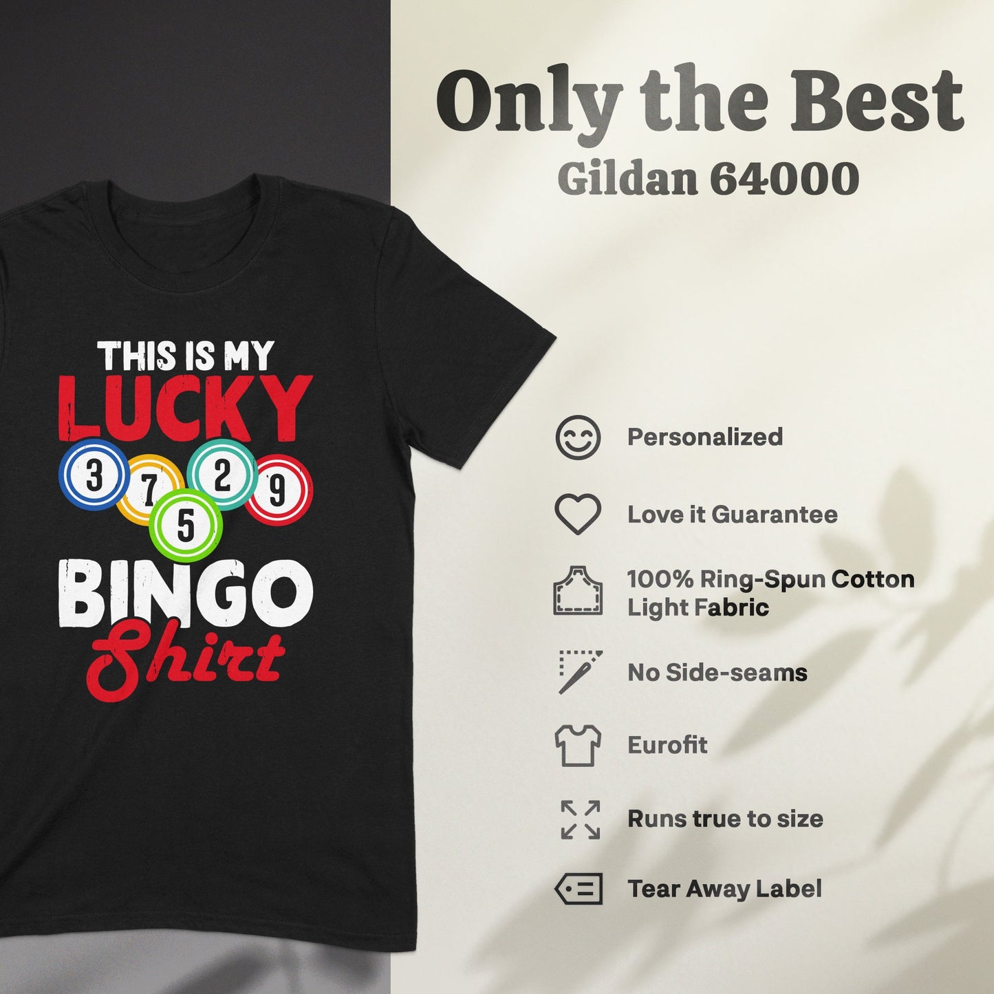Black t-shirt with "THIS IS MY LUCKY BINGO Shirt" graphic.