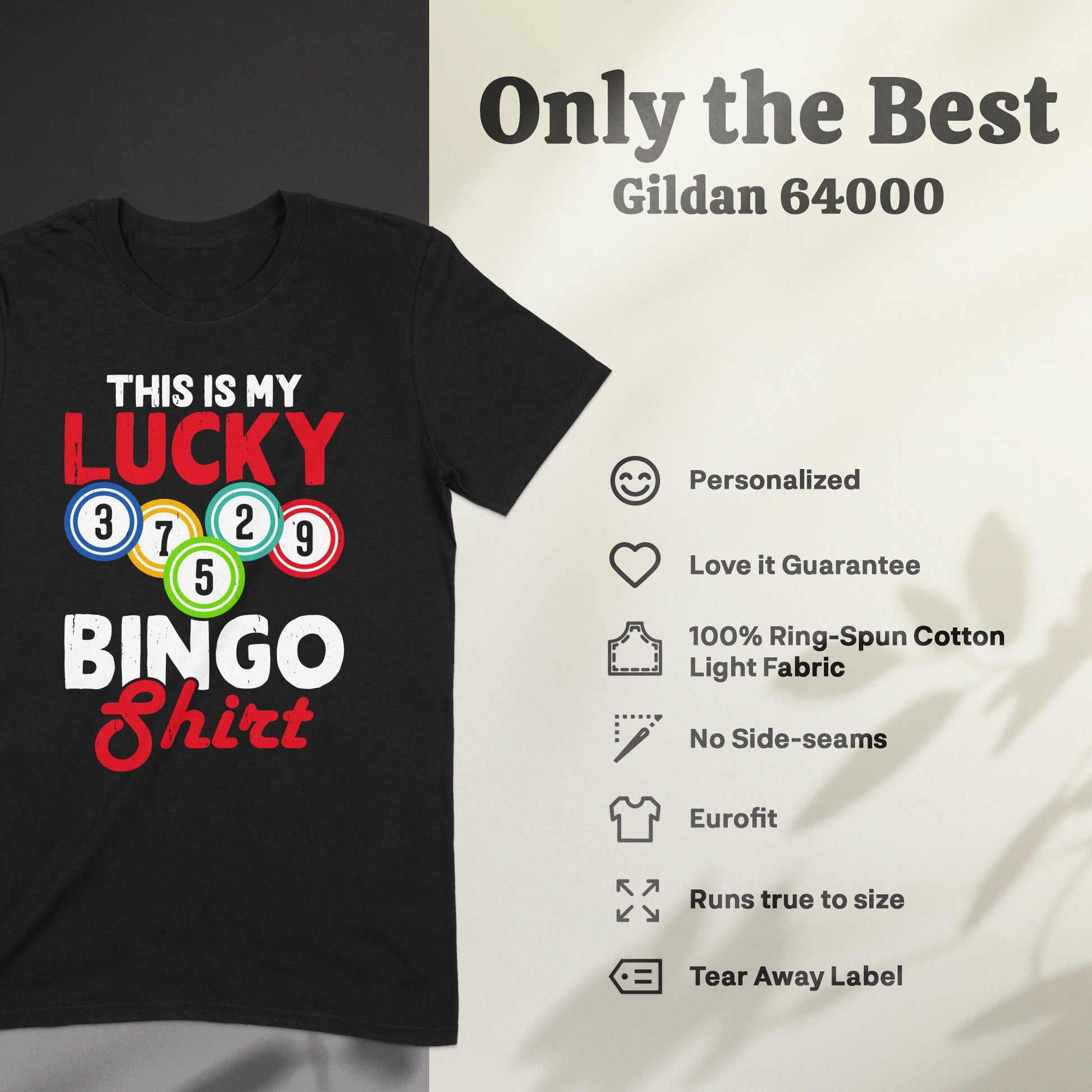 Black t-shirt with "THIS IS MY LUCKY BINGO Shirt" graphic.
