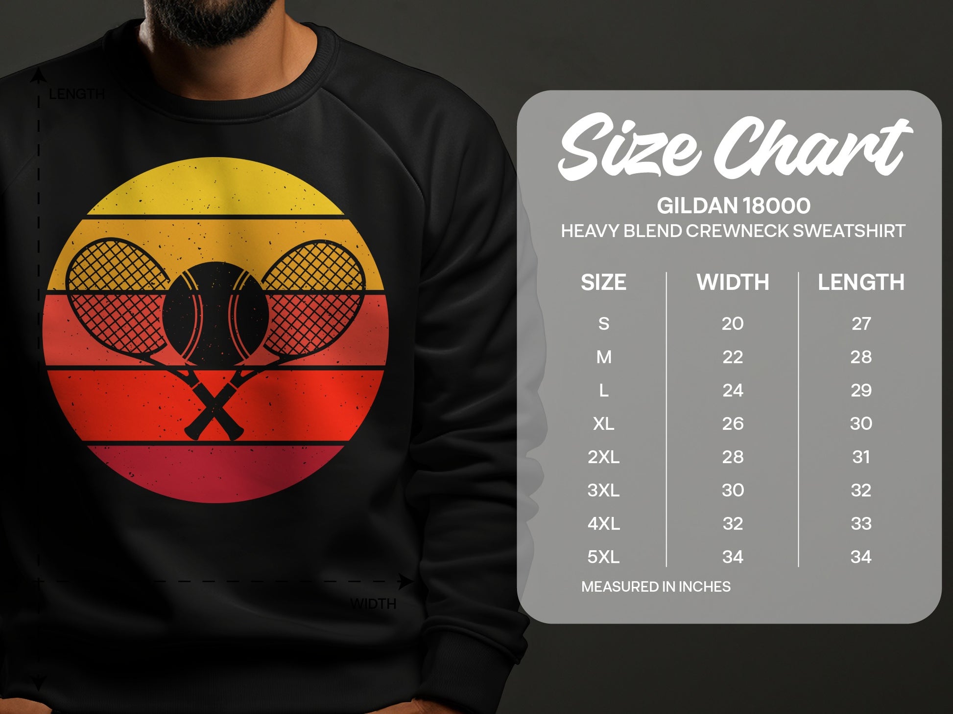 Size chart for Gildan 18000 sweatshirt with tennis rackets graphic.
