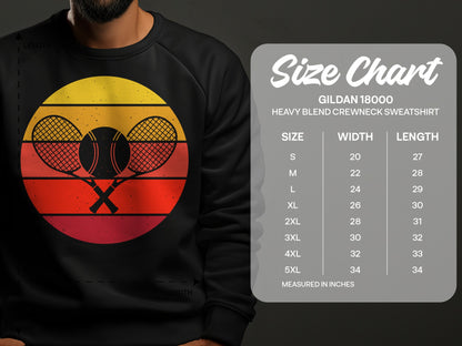 Size chart for Gildan 18000 sweatshirt with tennis rackets graphic.