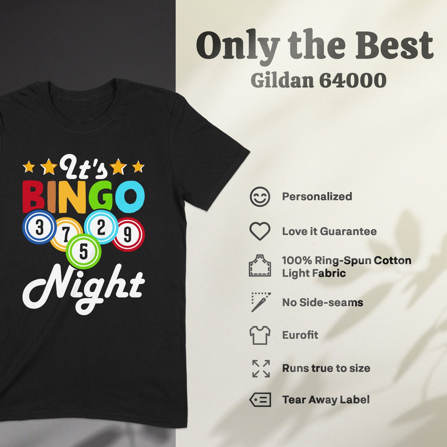 Black t-shirt with "It's BINGO Night" text and Bingo balls.