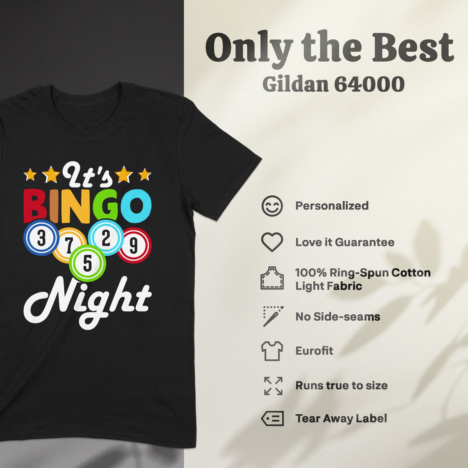 Black t-shirt with "It's BINGO Night" text and Bingo balls.