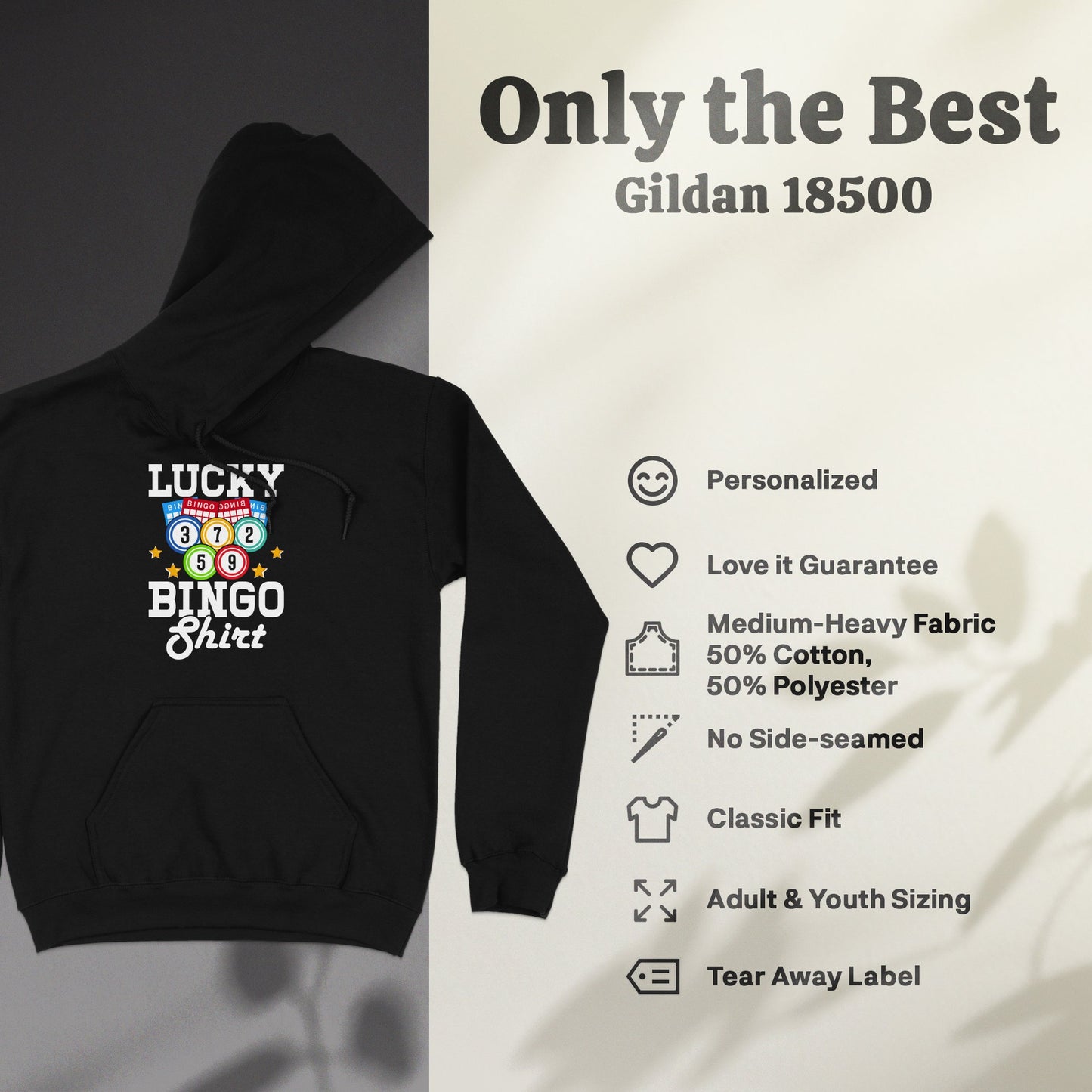 Black Gildan 18500 hoodie with "LUCKY BINGO Shirt" graphic.