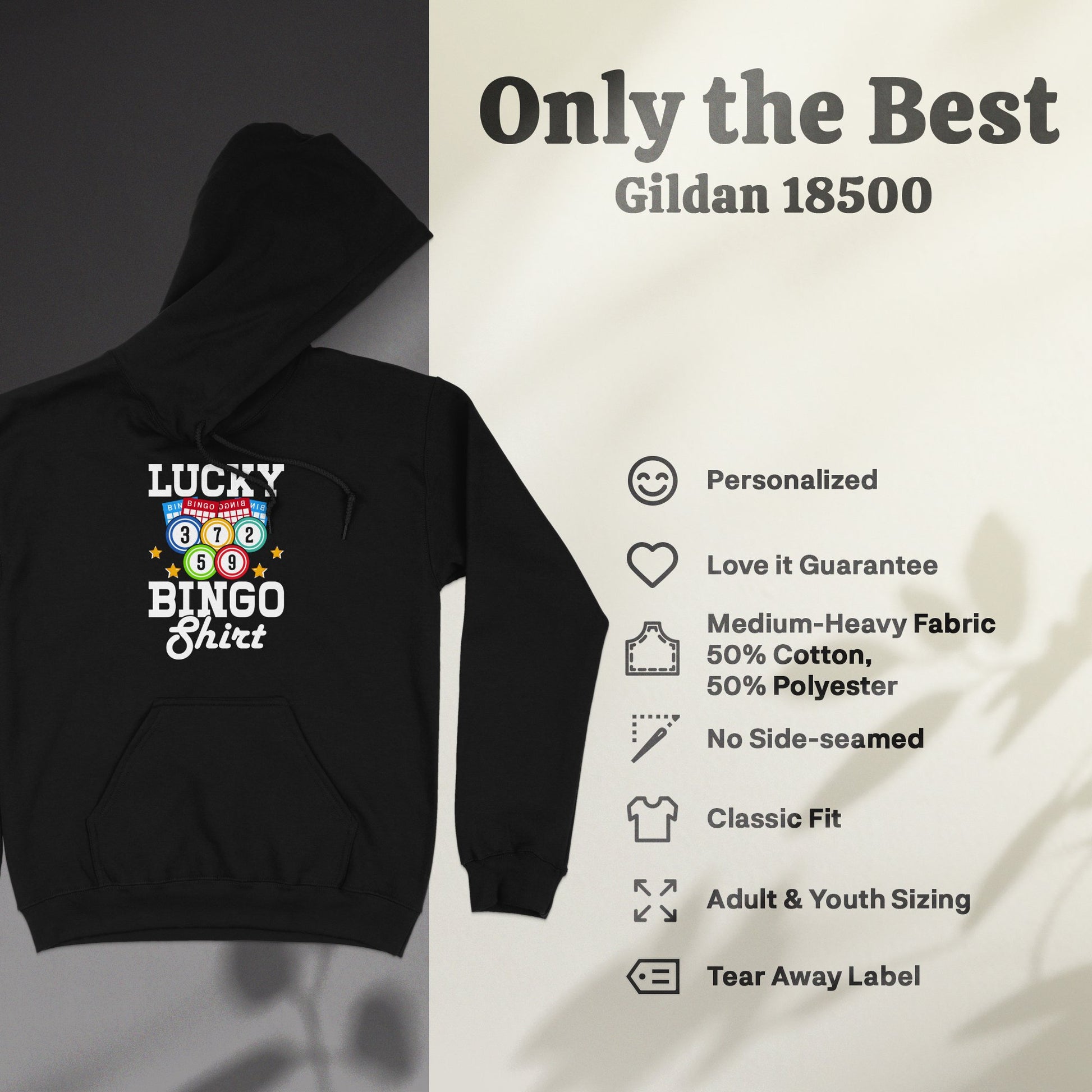 Black Gildan 18500 hoodie with "LUCKY BINGO Shirt" graphic.