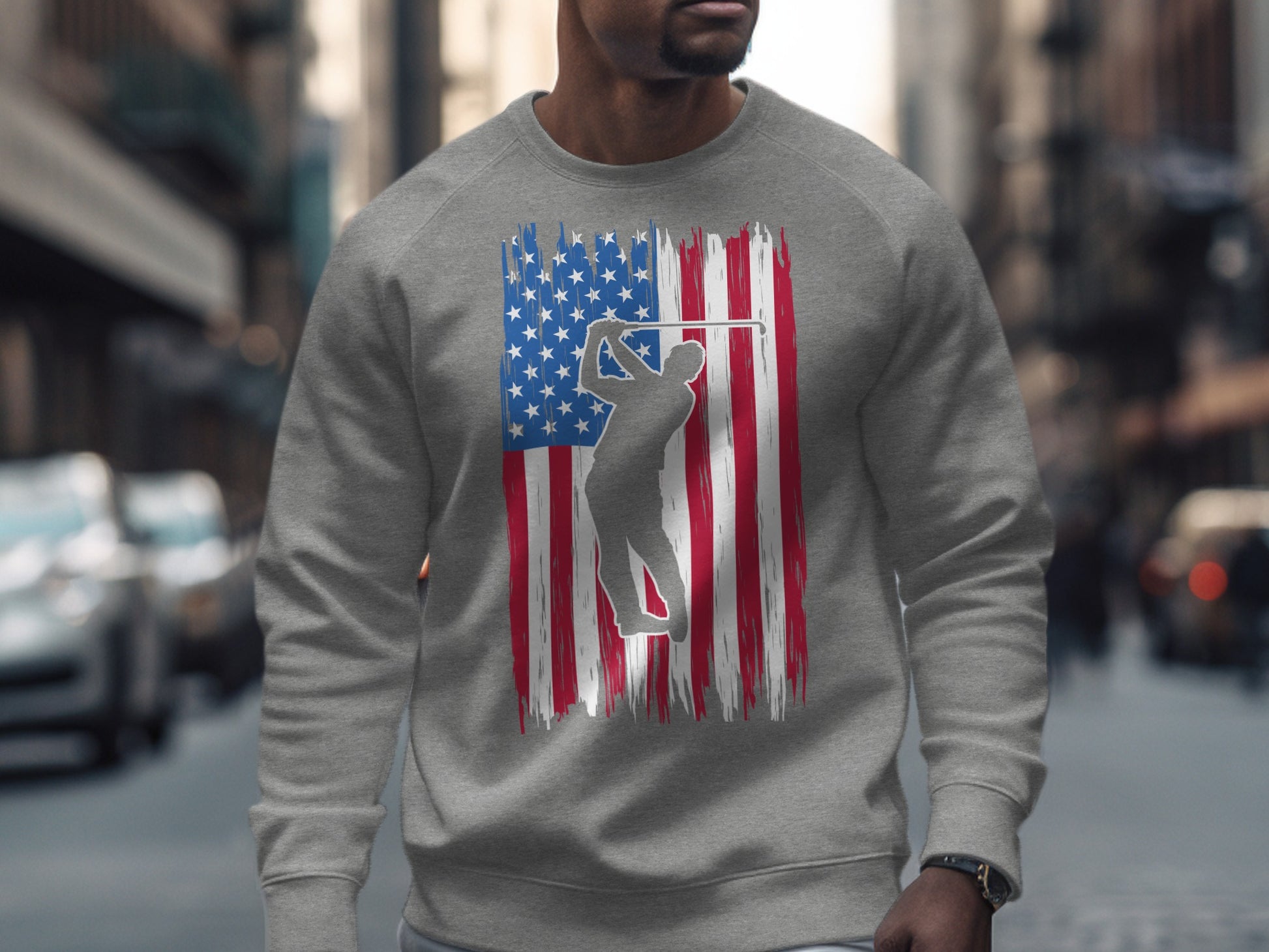 Grey sweatshirt with a golfer mid-swing superimposed on the US flag.