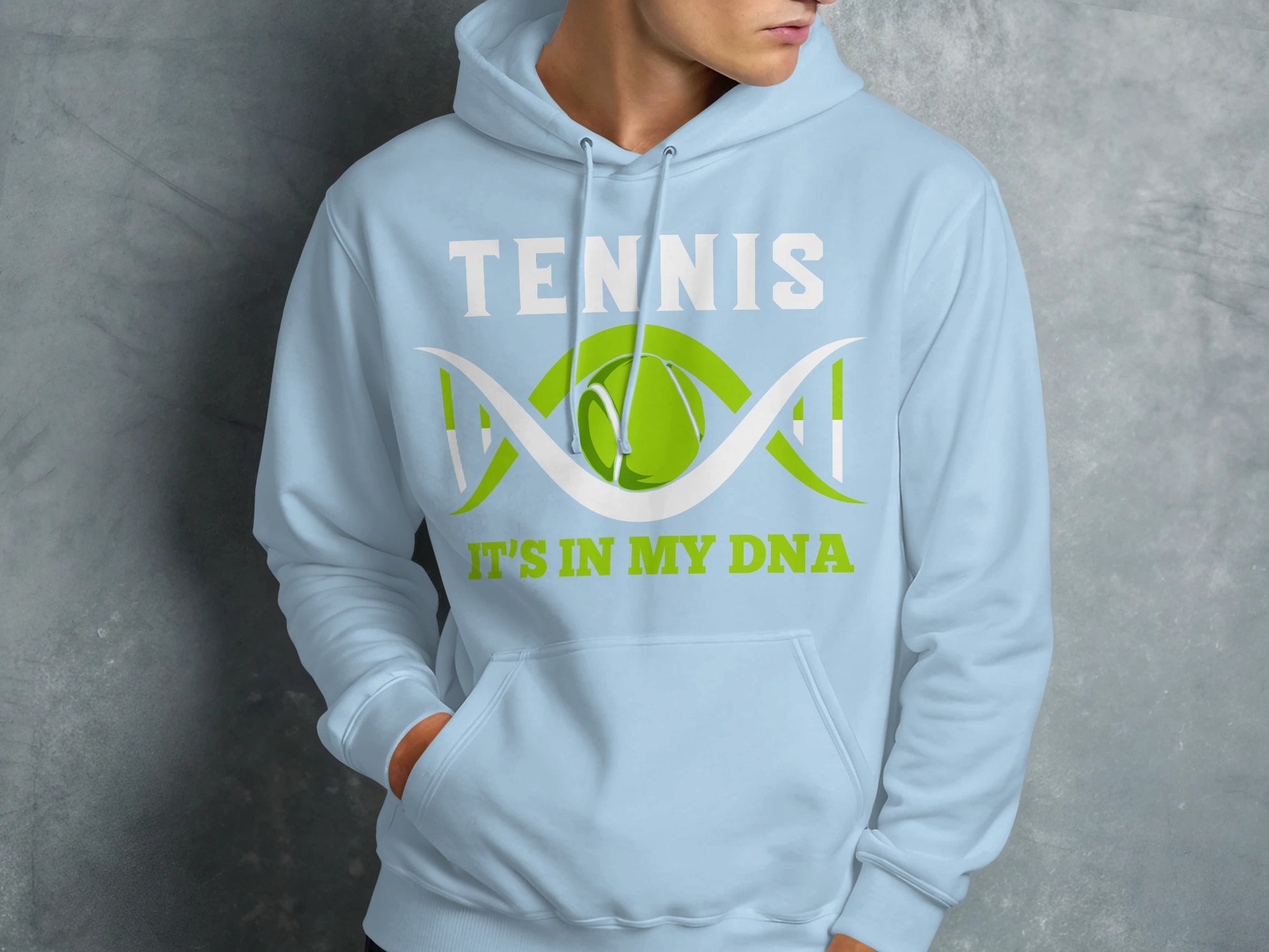 Light blue hoodie with "Tennis it's in my DNA" and tennis ball DNA graphic.