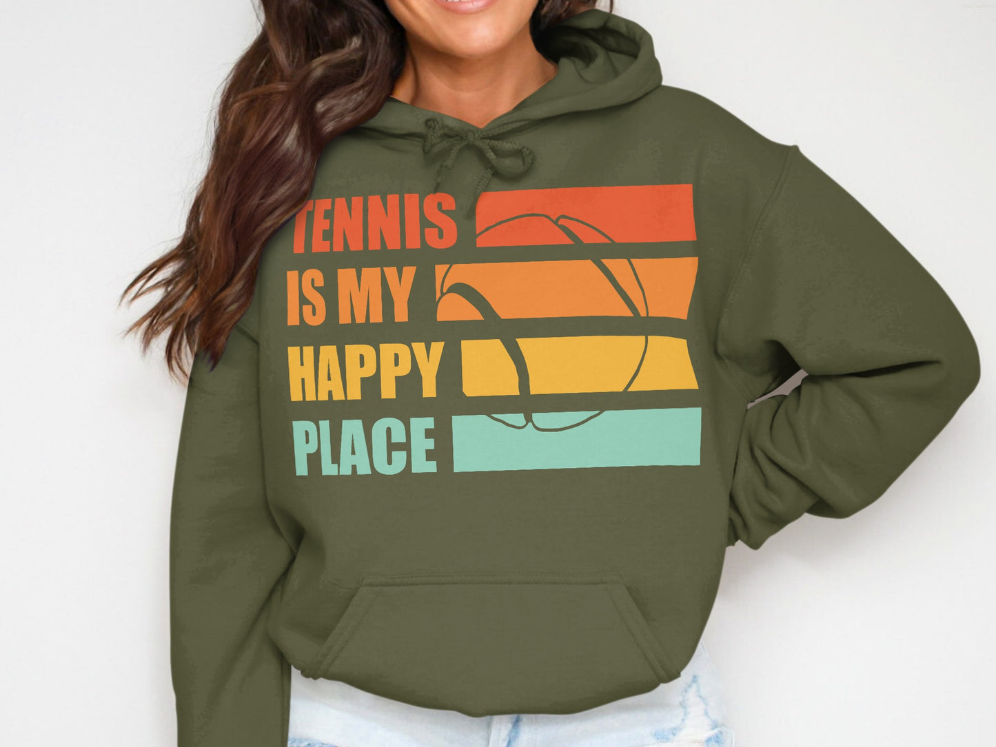 Green hoodie with "Tennis is My Happy Place" graphic and tennis ball.