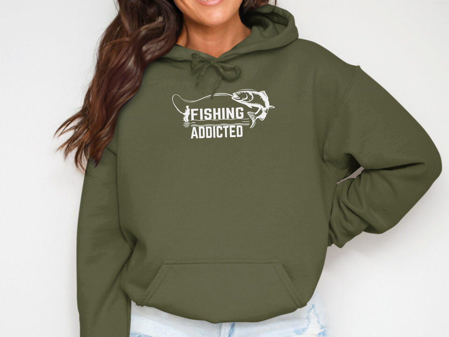 Green hoodie with "FISHING ADDICTED" text and fish graphic.