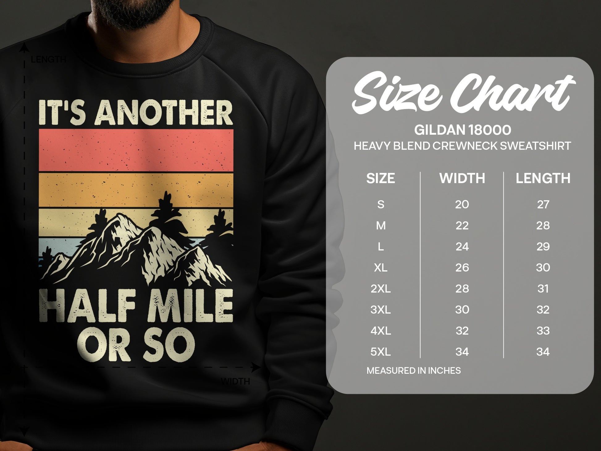 Crewneck sweatshirt size chart with garment measurements in inches.