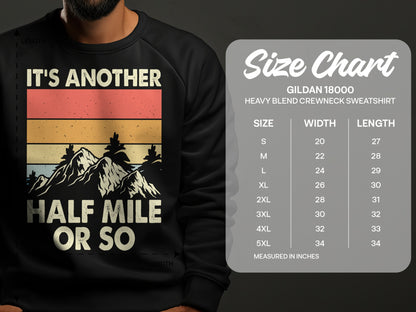 Crewneck sweatshirt size chart with garment measurements in inches.