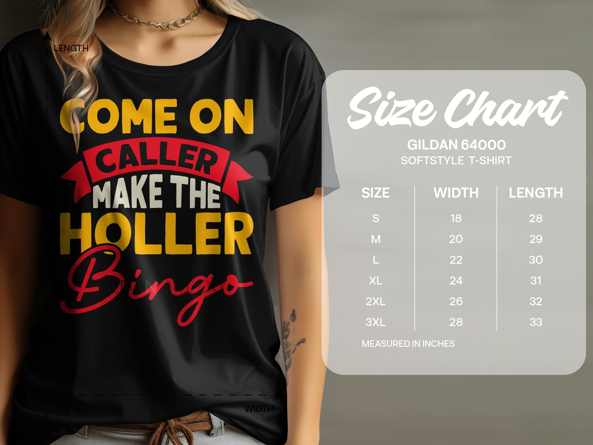 Black t-shirt with "Come on caller make the holler Bingo" text and size chart.