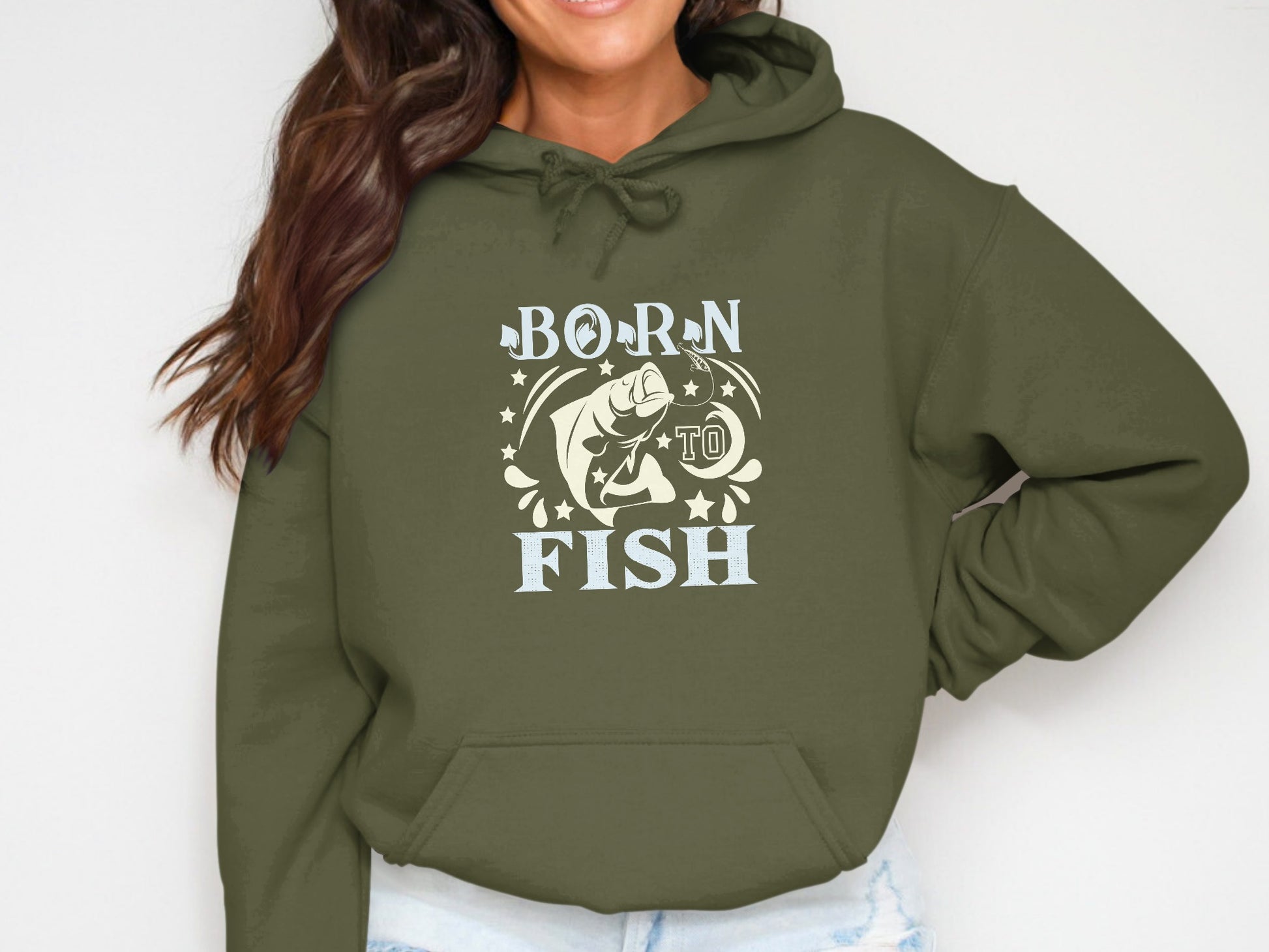 Green hoodie with "Born to Fish" text and a leaping fish graphic.