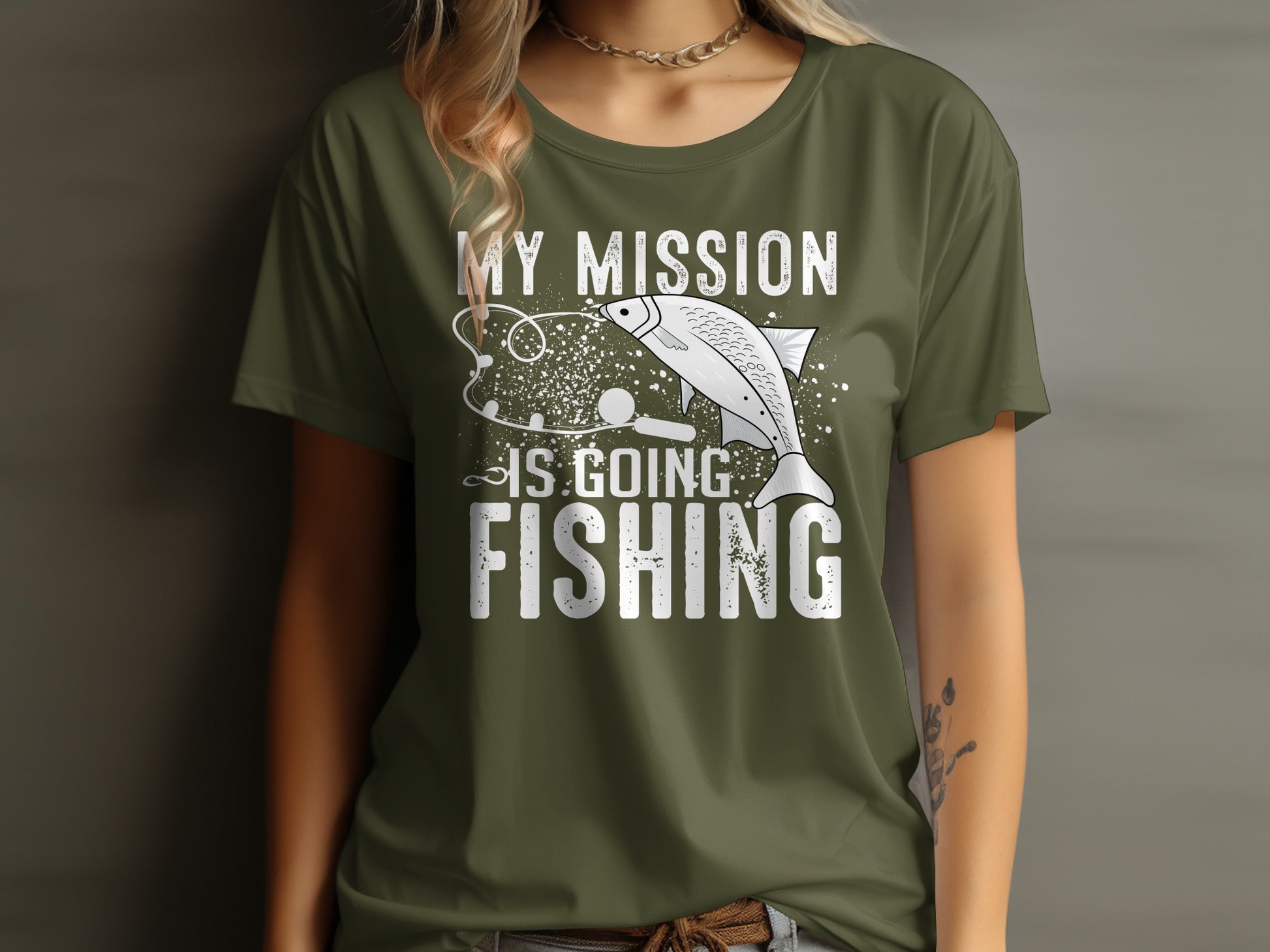 Green t-shirt with white text and fish graphic: "MY MISSION IS GOING FISHING".