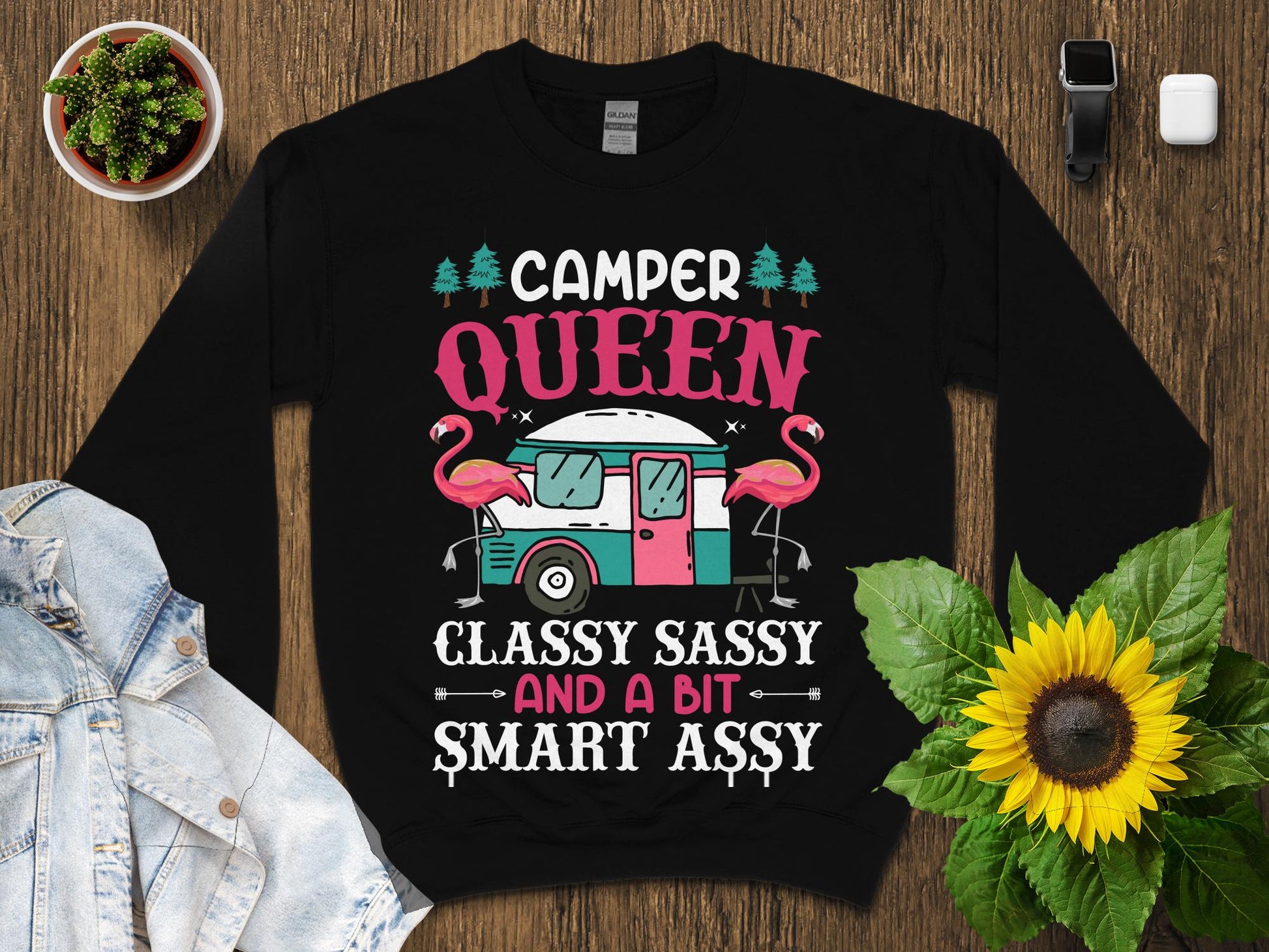 Black sweatshirt with camper, flamingos, and text "Camper Classy Sassy And A Bit Smart Ass".