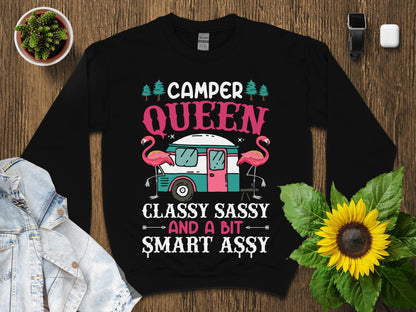 Black sweatshirt with camper, flamingos, and text "Camper Classy Sassy And A Bit Smart Ass".