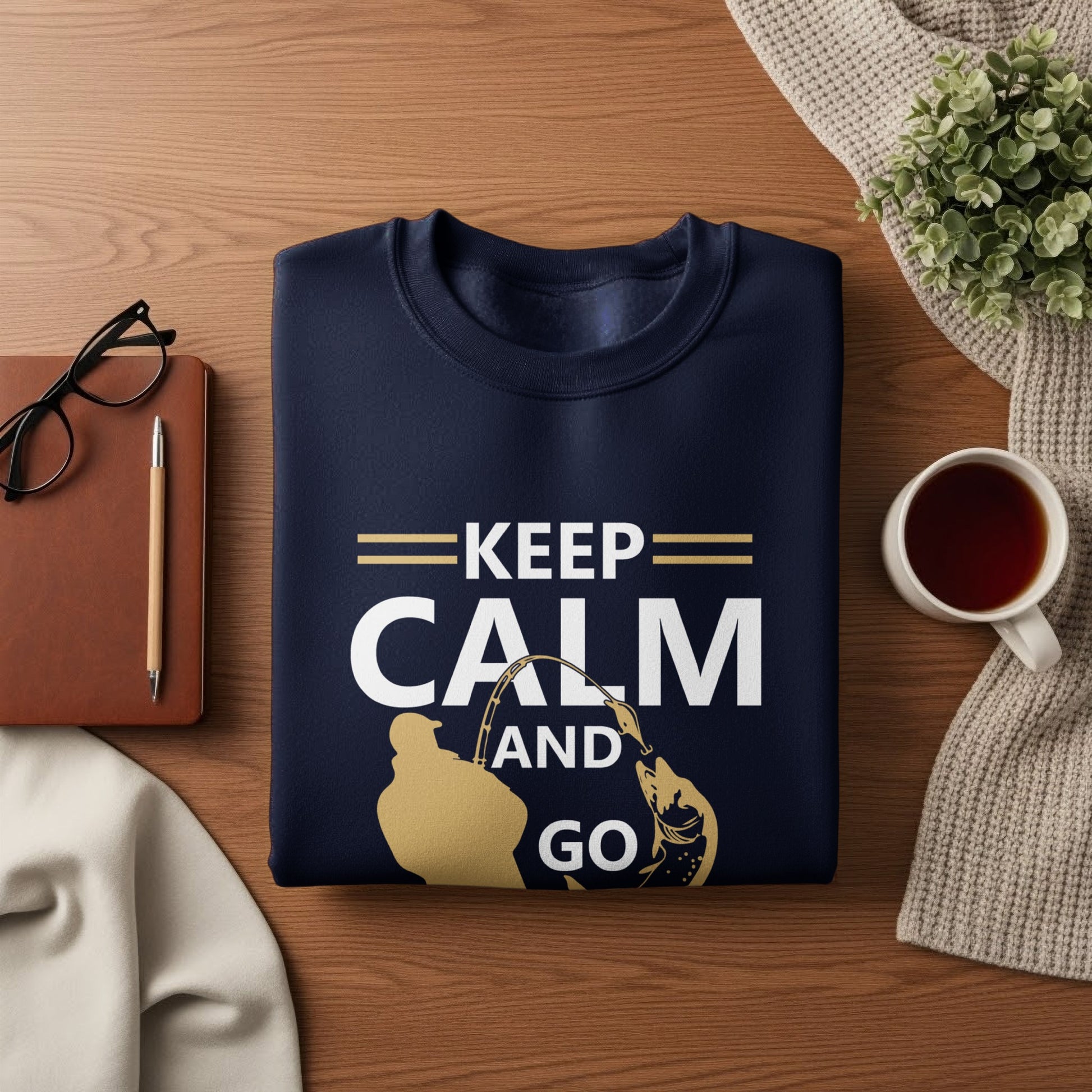 Navy sweatshirt with "Keep Calm and Go Fishing" slogan and angler graphic.