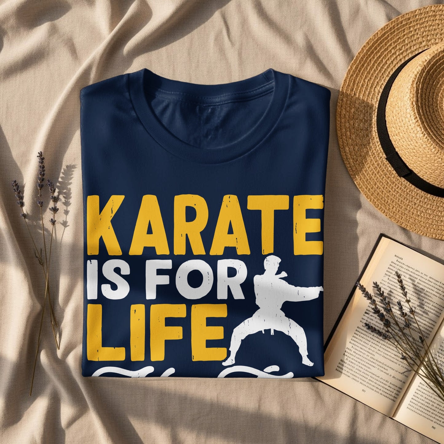 Navy t-shirt with "Karate is for life" text and martial artist graphic.