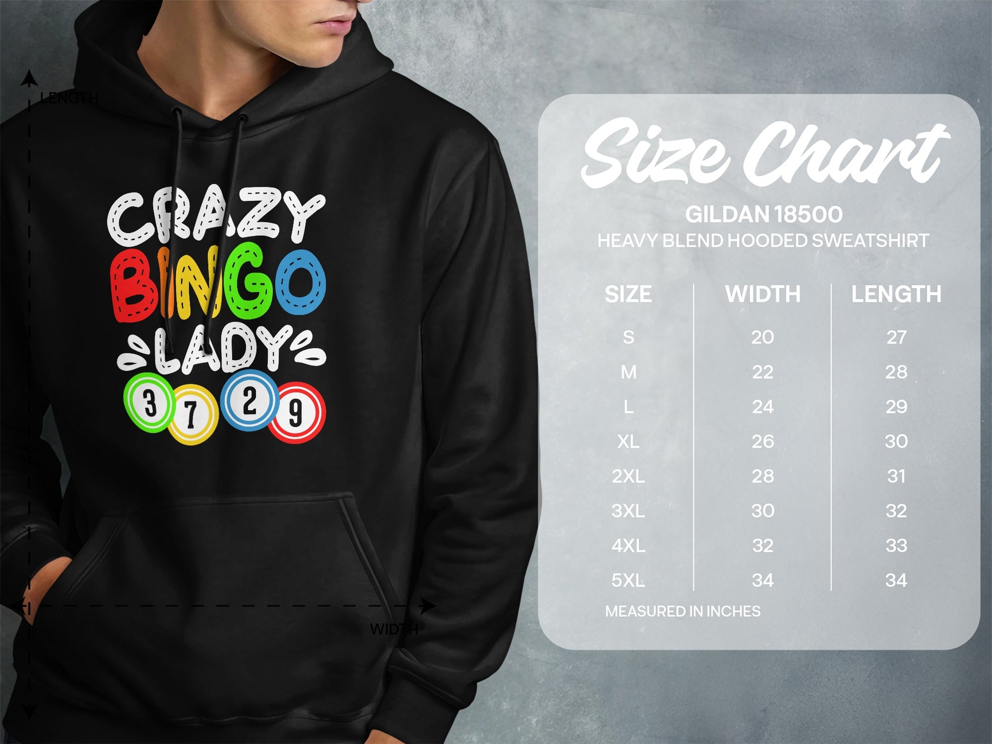 Gildan 18500 hoodie size chart with "Crazy Bingo Lady" graphic.