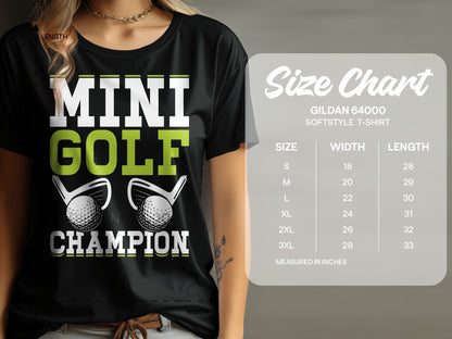 T-shirt with "MINI GOLF CHAMPION" text, golf clubs, and size chart.