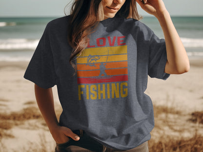 Dark t-shirt with "LOVE FISHING" text and striped sunset graphic.