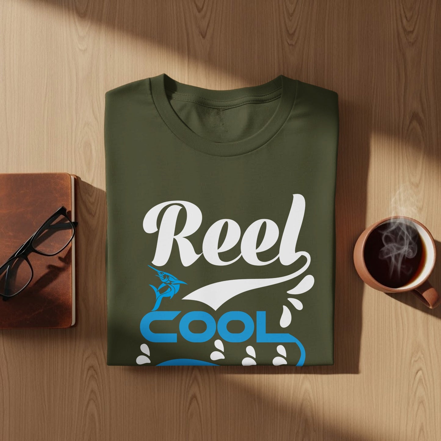 Olive green t-shirt with "Reel Cool" and fish graphic.