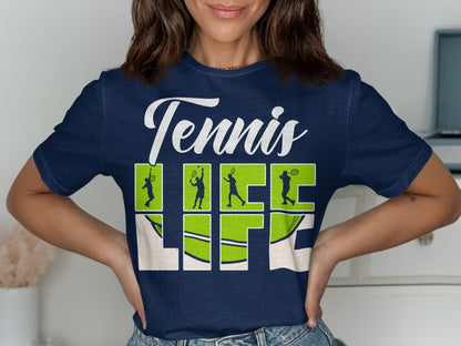 Navy t-shirt with "Tennis Life" and tennis player silhouettes in green boxes.