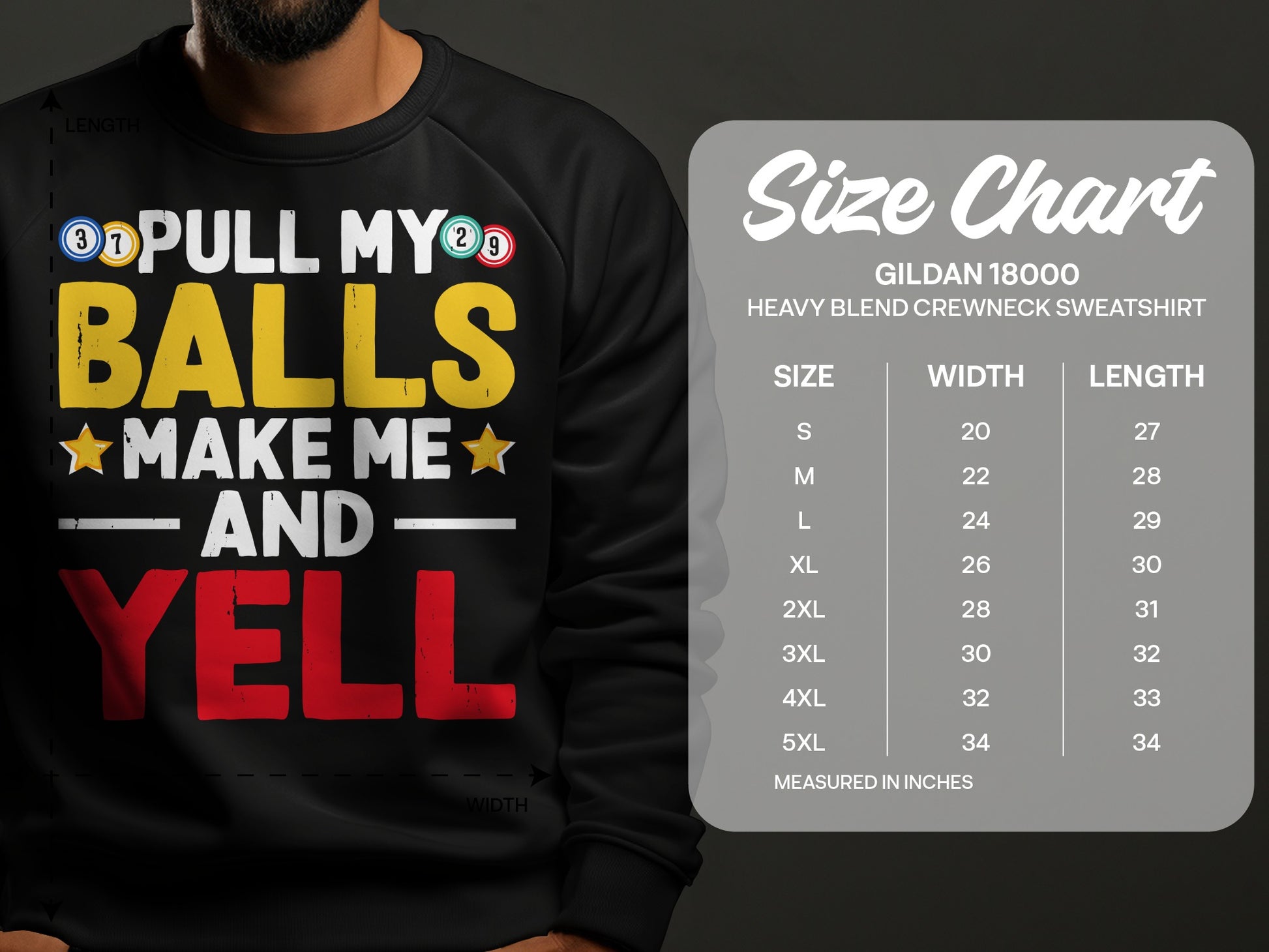 Sweatshirt with "Pull My Balls and Yell" text, with size chart.